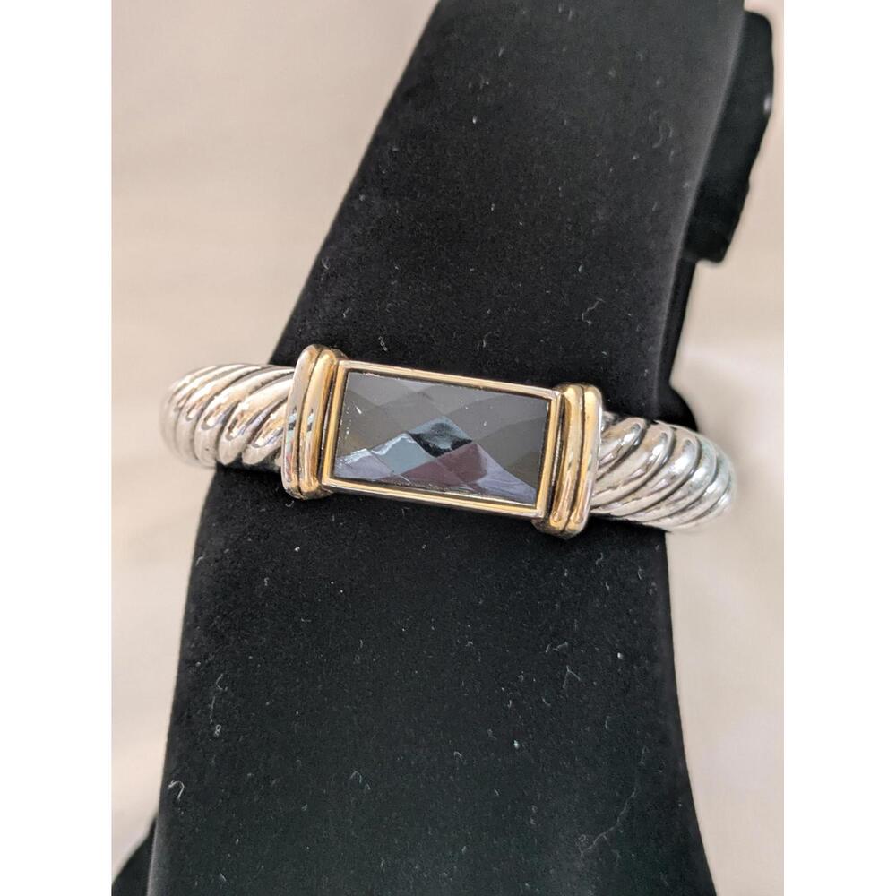 Two-Tone Link Bracelet with Faceted Dark Center, Ornate Metal Detailing